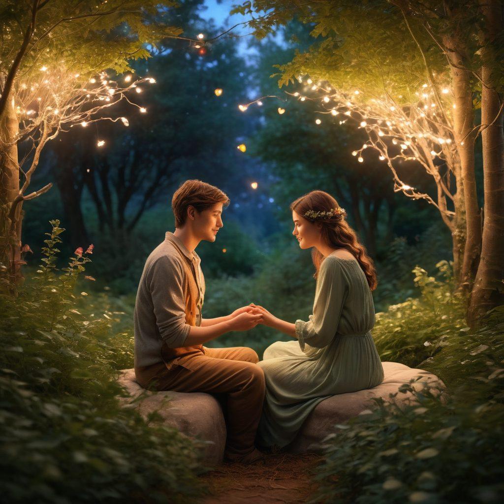 A warm-hearted scene depicting two people immersed in deep conversation under a starlit sky, surrounded by soft glows of fairy lights. The atmosphere is filled with a mix of vibrant colors that symbolize love and passion, with elements such as intertwined hands and blooming hearts. Include a subtle forest backdrop to represent growth and nurturing in relationships. intimate, dreamlike, super-realistic.