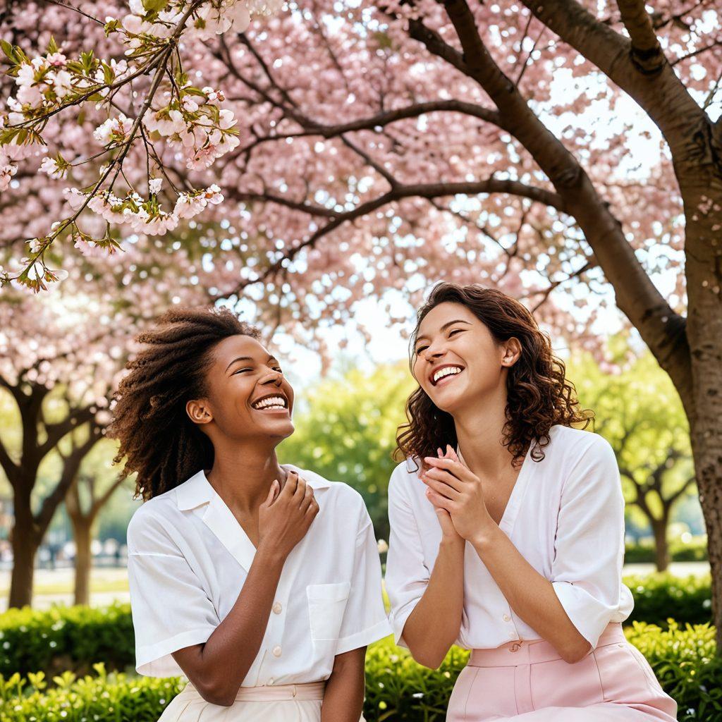 A heartwarming scene depicting two friends sharing a joyful moment under a blooming cherry blossom tree, with soft sunlight filtering through the petals. Include elements like laughter, warmth, and a sense of connection, showcasing their cherished bond. In the background, add subtle hints of diverse nature to symbolize growth and transformation. soft focus. vibrant colors. painting.