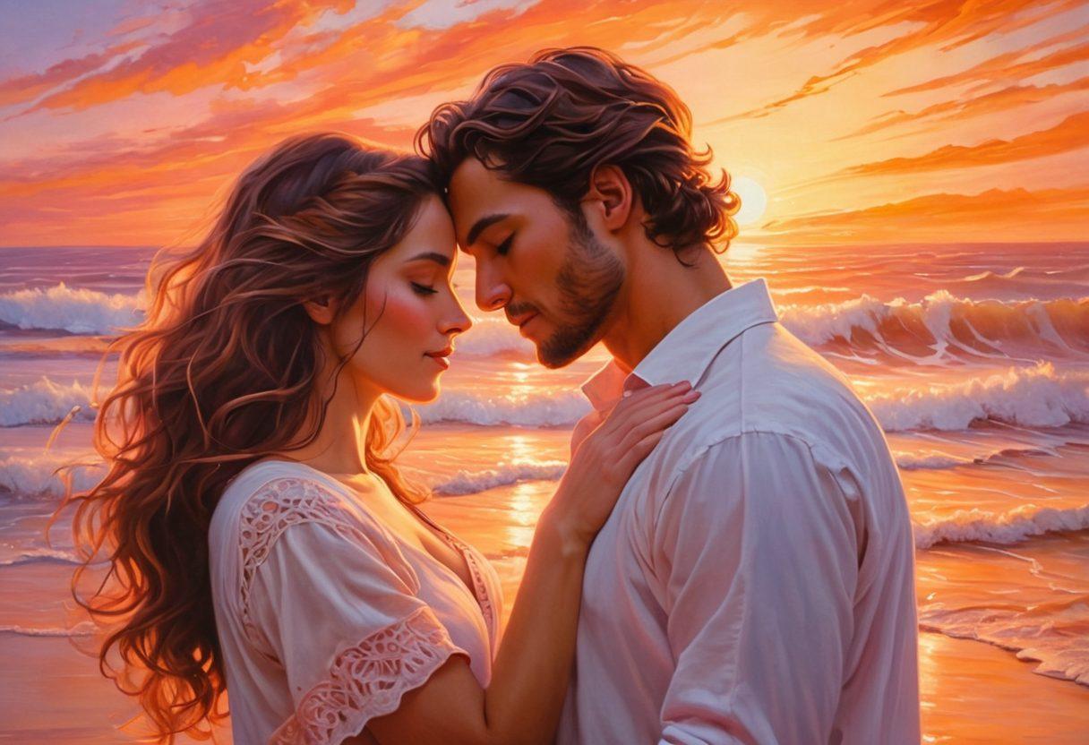 A beautifully intertwined couple, radiating warmth and affection, surrounded by ethereal light symbolizing intimacy, with soft textures representing connection. The background captures a serene sunset, reflecting a sense of calm and love. Add elements like hearts or gentle waves to signify passion. soft painting. vibrant colors. warm tones.